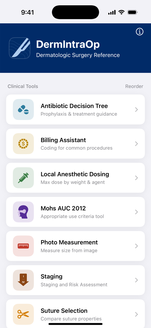 DermIntraOp home screen listing Antibiotic Decision Tree, Billing Assistant, Local Anesthetic Dosing, Mohs AUC 2012, Photo Measurement, Staging and Suture Selection.